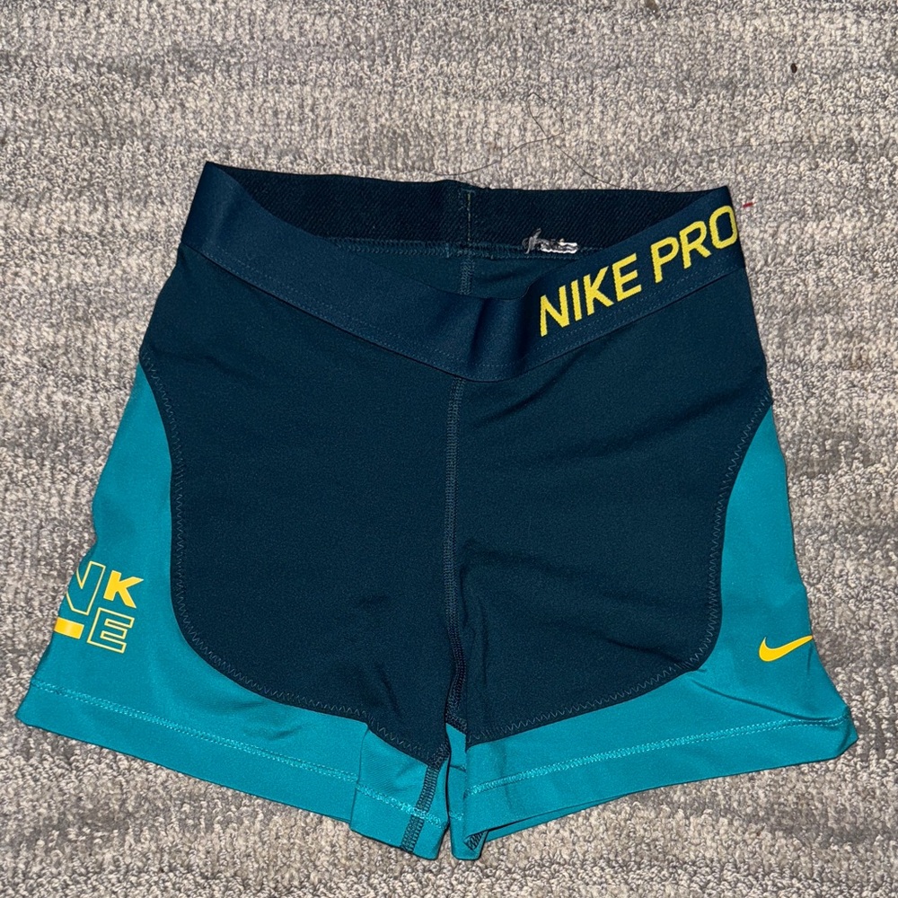 Nike Pro Black and Teal Colorblock Bike Shorts with Yellow Logo